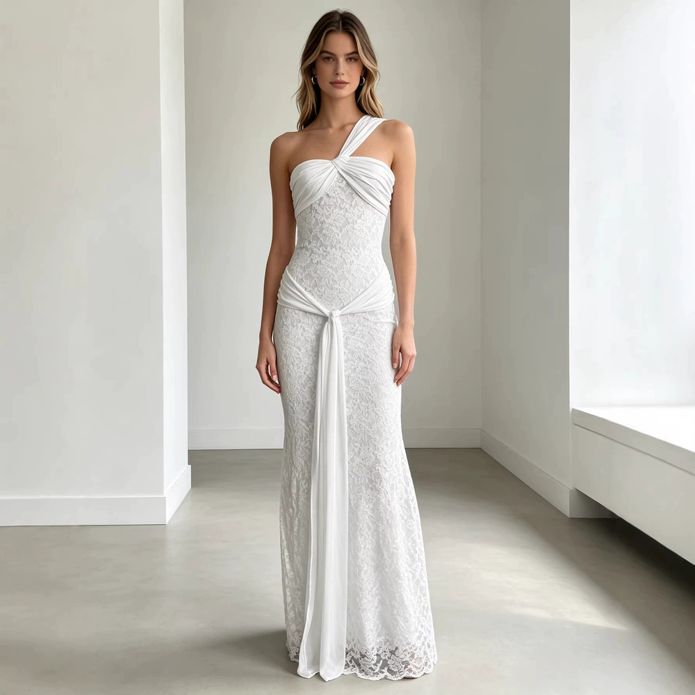 Zara Summer One Shoulder Lace Long Bodycon Dress With Tie Strap